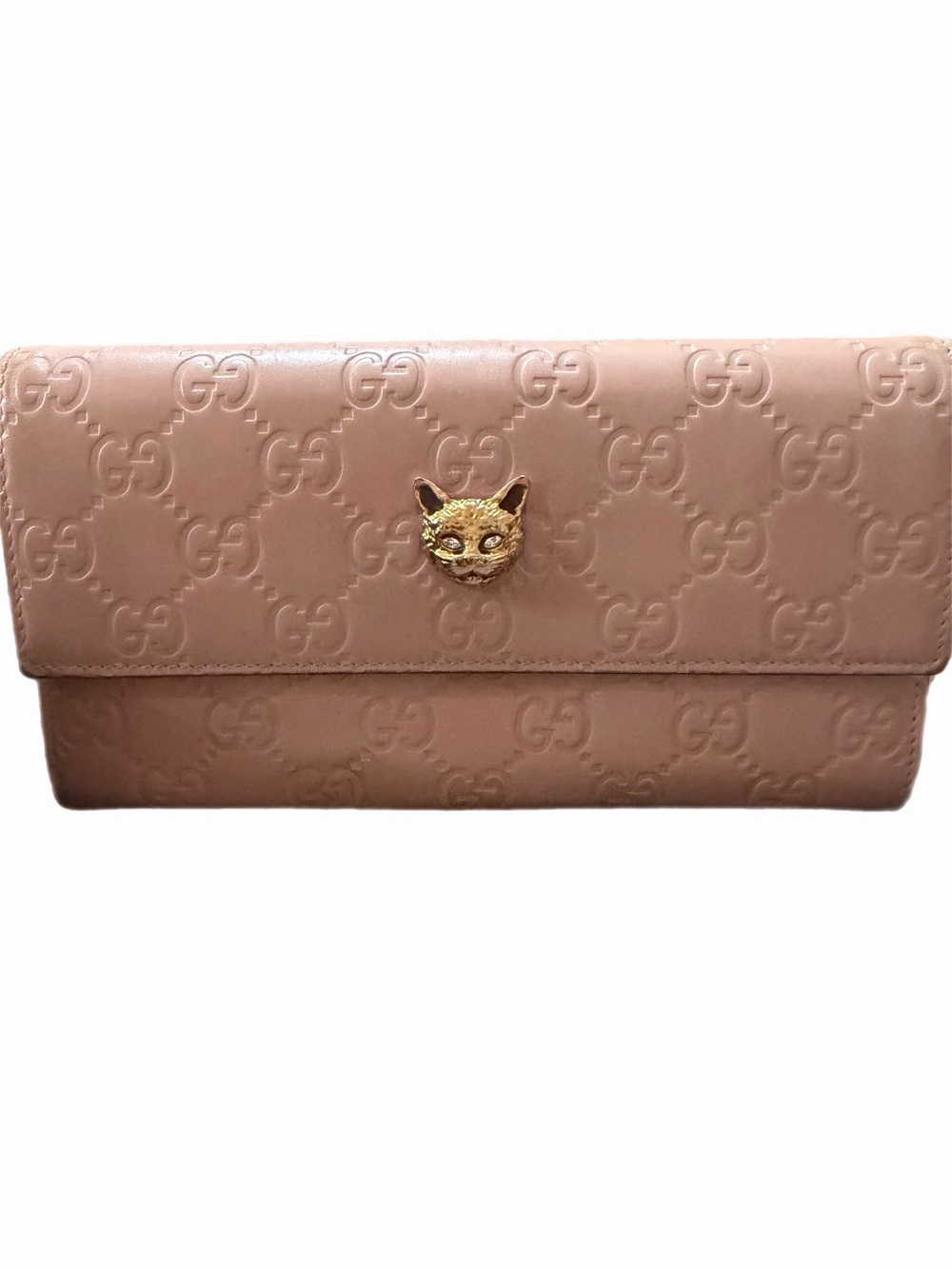 Gucci Pink Blush GG Embossed Leather Wallet with Gold Cat Head